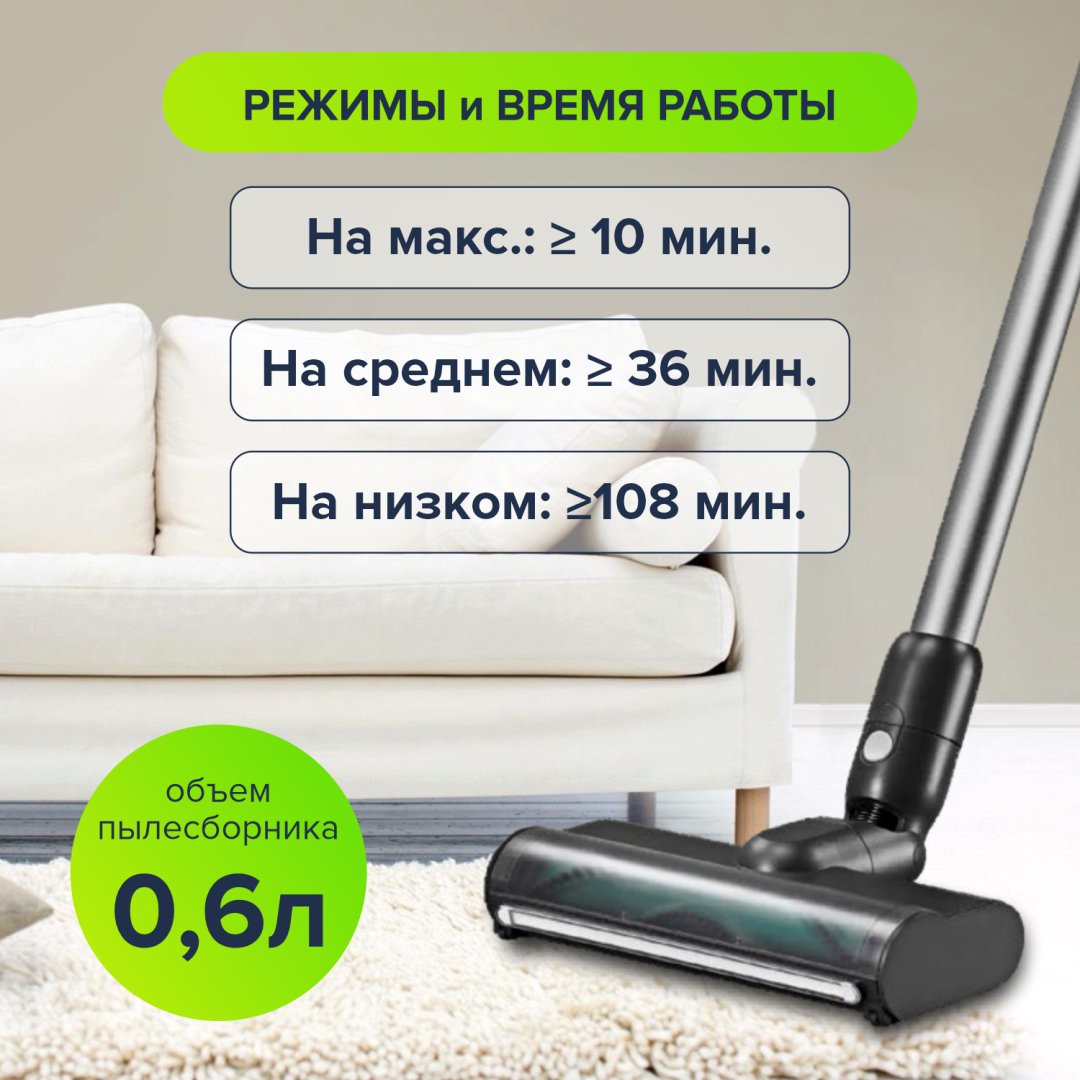 Пылесос беспроводной LIGRELL LV-550MB черный, 550Вт, 3 уровня мощ., 4000мАч, моющийся HEPA фильтр