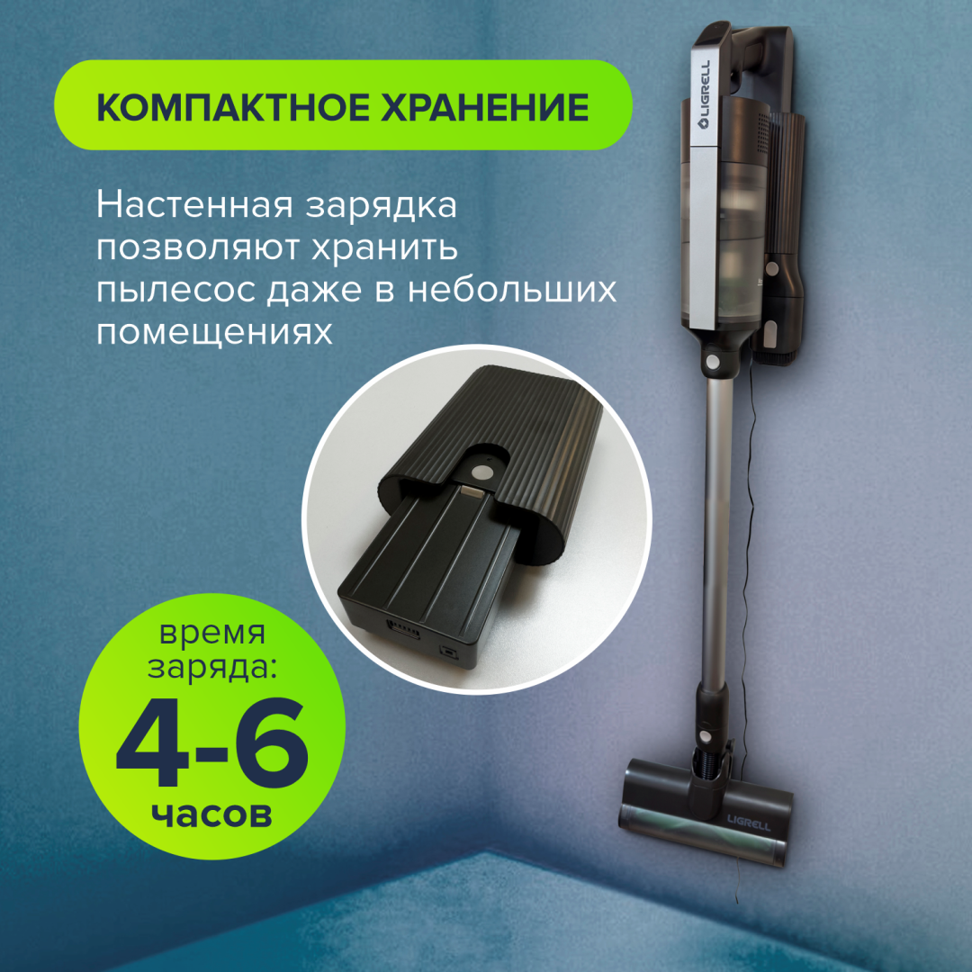 Пылесос беспроводной LIGRELL LV-550MB черный, 550Вт, 3 уровня мощ., 4000мАч, моющийся HEPA фильтр